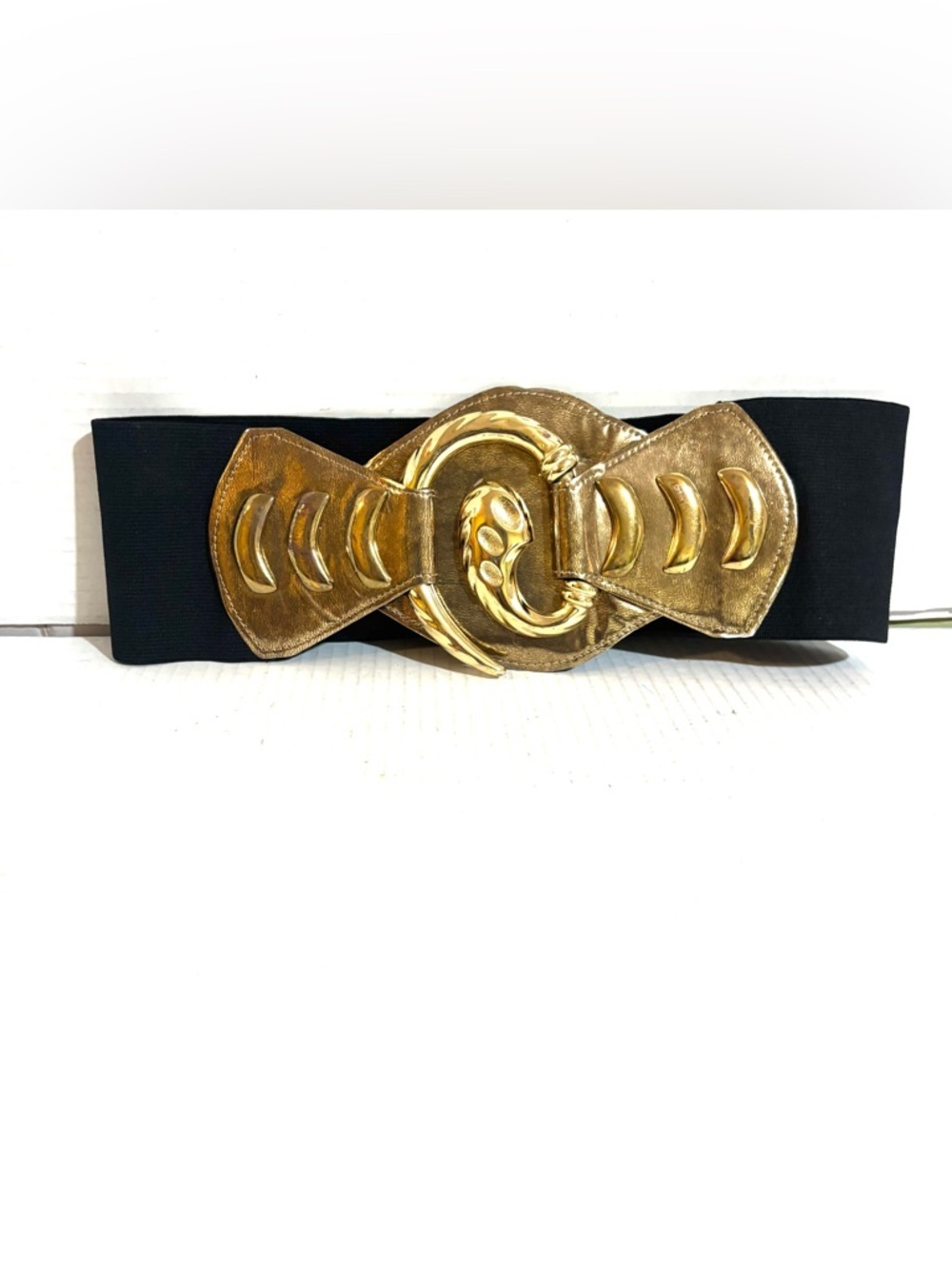 Vintage Black Elastic Belt with Gold Statement Buckle